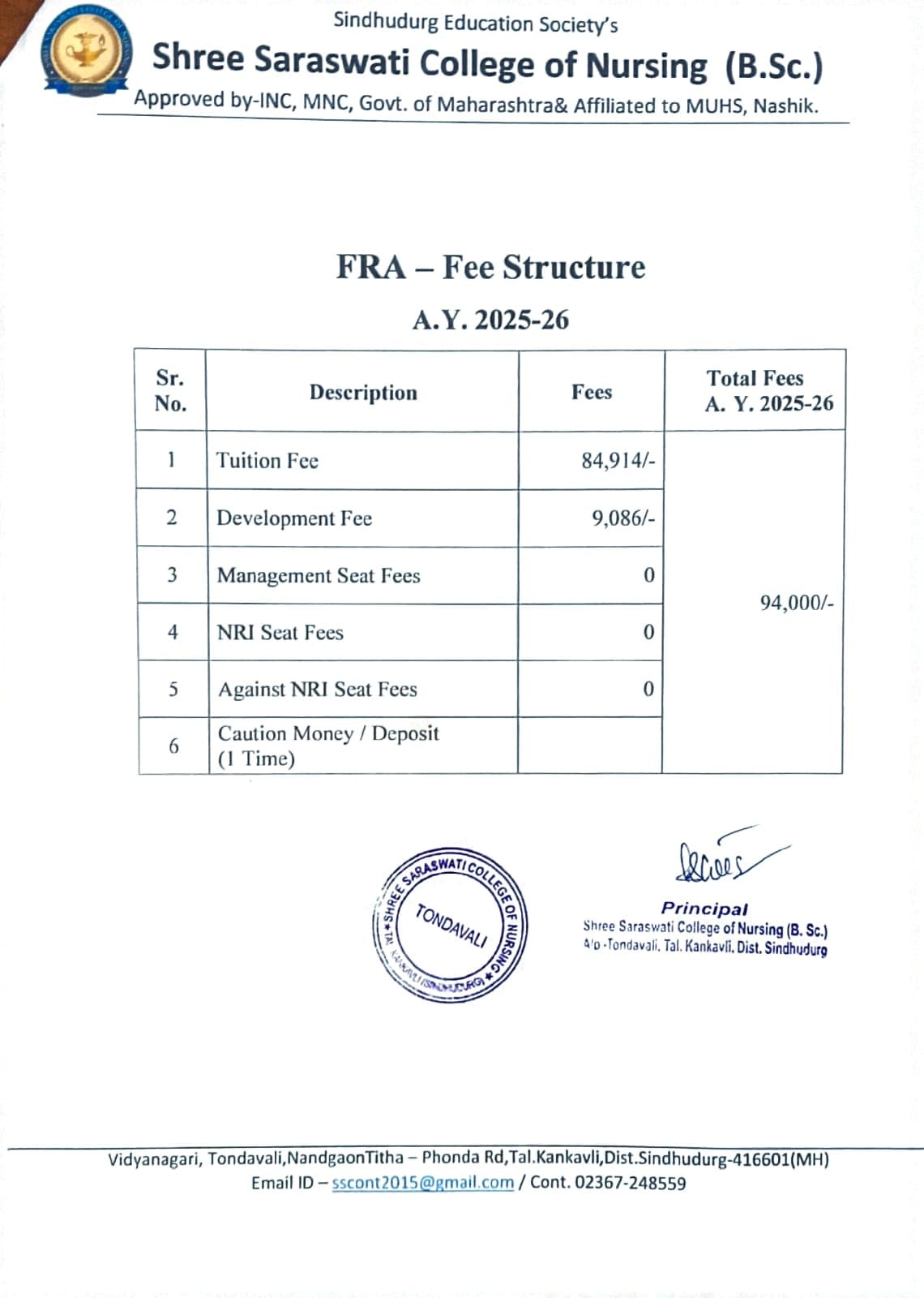 FRA Fee Structure for Academic Year 2025-26